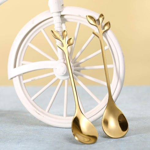 12 pcs Stainless Steel Gold Leaf Coffee Spoon Set, Creative Tableware Dessert Spoons for Ice Cream, Cake, Tea