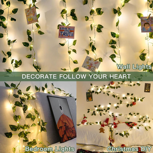 33ft100 suddus Vine with Fairy Lights Battery Operated, LED Pothos String Lights with Remote, Leaf Lights for Bedroom