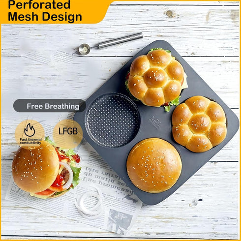 Hamburger Bun Pan, 5 Inch Non-Stick Carbon Steel Mold, 4 Cup Big Baking Pan for Homemade Buns
