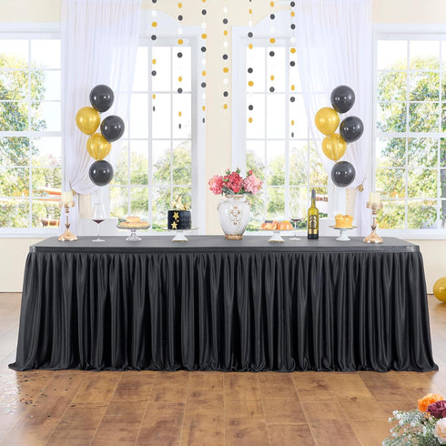 leegleri 132inch Black Polyester Table Skirt for 6ft/8ft Rectangle Tables, Wrinkle Resistant Pleated Ruffle Cloth