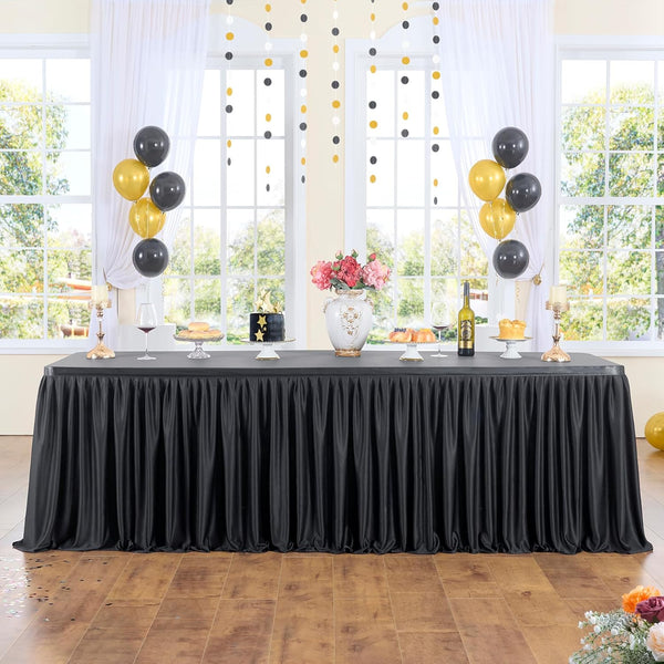 leegleri 132inch Black Polyester Table Skirt for 6ft/8ft Rectangle Tables, Wrinkle Resistant Pleated Ruffle Cloth