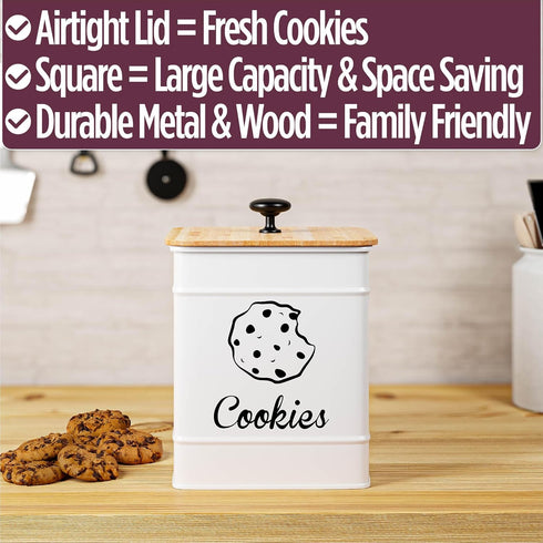 Large Cookie Jar with Airtight Bamboo Lid: 6"W x 6"D x 8"H White Iron Cookie Tin, Farmhouse Decorative Kitchen Counter