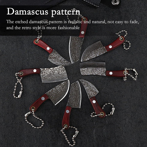Mini Knife Set, Damascus Pocket Knife Set with Sharpener, Tiny Knife Cleaver Keychain Set of 5