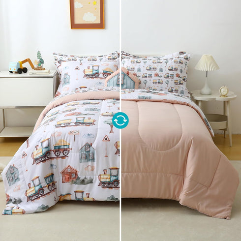 Sets 6 Set Country Set, Mooreeke Kids Twin Comforter for Boys Pieces Train Bedding for Teens Microfiber Train Town Kids