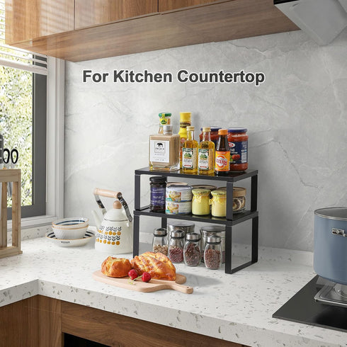 YMYNY Cabinet Shelf Organizer, Extendable Countertop Shelves Set of 2, Kitchen Spice Racks, Stackable, Storage Racks for Cupboard, Sink, Pantry, Bathroom, Black, Metal, UHSR002B by YMYNY