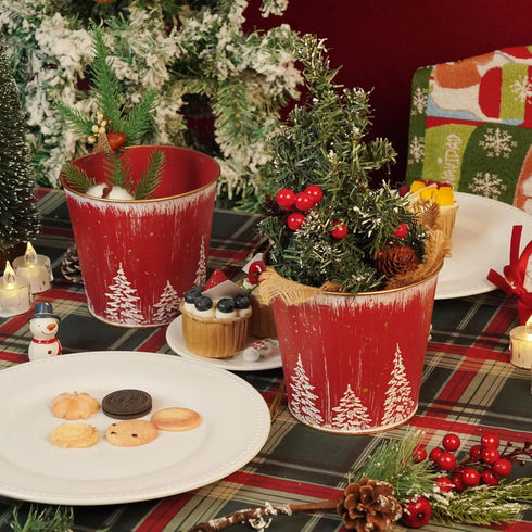 5.9in 4Pcs Putuo Decor Christmas Planters Pots, Small Metal Tin Buckets with Christmas Tree Pattern, Round Galvanized
