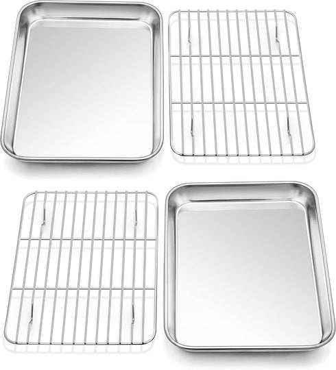 P&P CHEF Toaster Oven Pan with Rack Set, 2 Pans + 2 Racks, Stainless Steel Baking Tray for Cooking