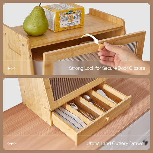 2-Tier Countertop YL21MB01 HOOBRO Bread Box, Bamboo Bread Box Storage Container with Drawer, Kitchen Food Storage Box