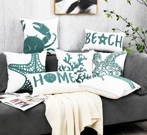 Embroidered Nautical Decor Pillow Cover, Square 18 Inches Decorative Canvas for Nautical Style Deco
