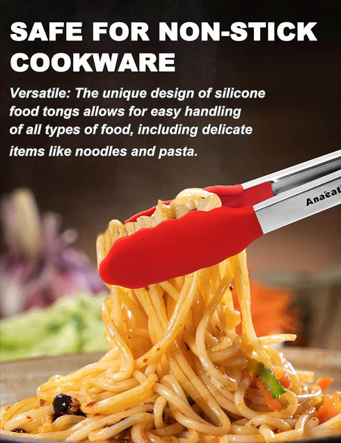 Anaeat Non-Stick Silicone Locking Tong Set of 3 - Stainless Steel 7", 9" and 12" Kitchen Food Tongs with Non-Slip Silicone Tips and Grip for Cooking, Baking and BBQ - Heat Resistant up to 480 F (Red) by Anaeat