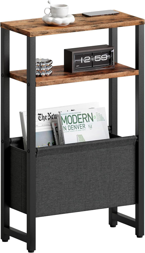 Narrow Side Table, Slim End Table with Magazine Rack, Bedside Table for