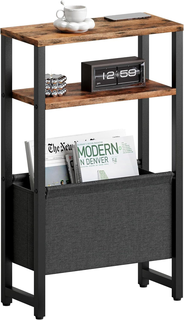 Narrow Side Table, Slim End Table with Magazine Rack, Bedside Table for