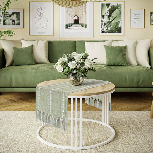 15.7 36 inch, Summer Boho Table Runner Short x Spring Sage Green Coffee Table Cover, Green Linen Small Table Cloth