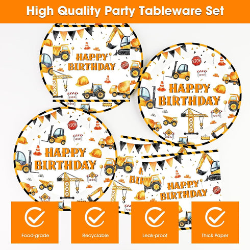 Xjoviative 40PCS Set 20 Construction Happy Birthday Paper Plates and Napkins Party Supplies, Disposable Construction