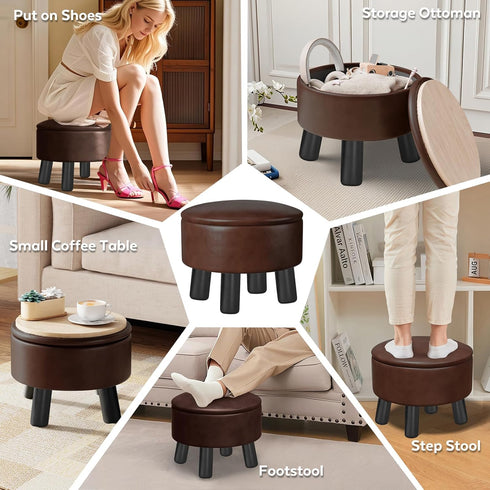 Small Foot Stool Ottoman with Storage, Faux Leather Ottoman Foot Rest for Couch, Round Footstool Ottomans for Living