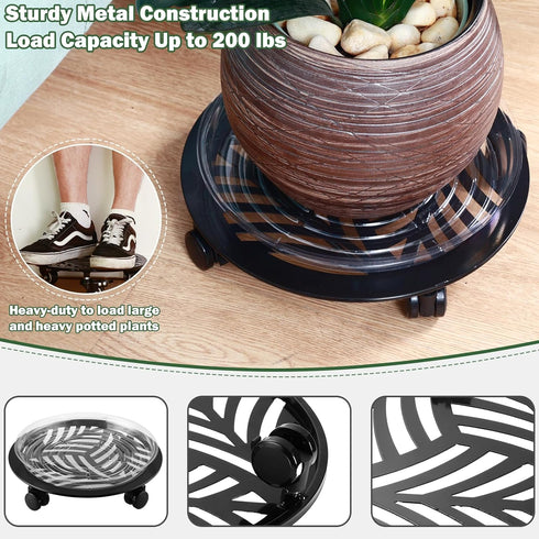 2 Packs 12" Large Metal Plant Caddy with PU Wheels Heavy-Duty Wrought Iron Rolling Plant Stands Indoor Outdoor Wheeled