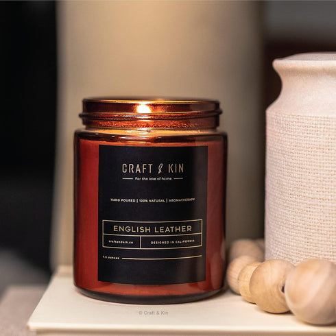 Craft & Kin Fall Scented Candle for Men, Premium English Leather Candle, All-Natural Scent for Home, 8oz, 45-Hour Burn
