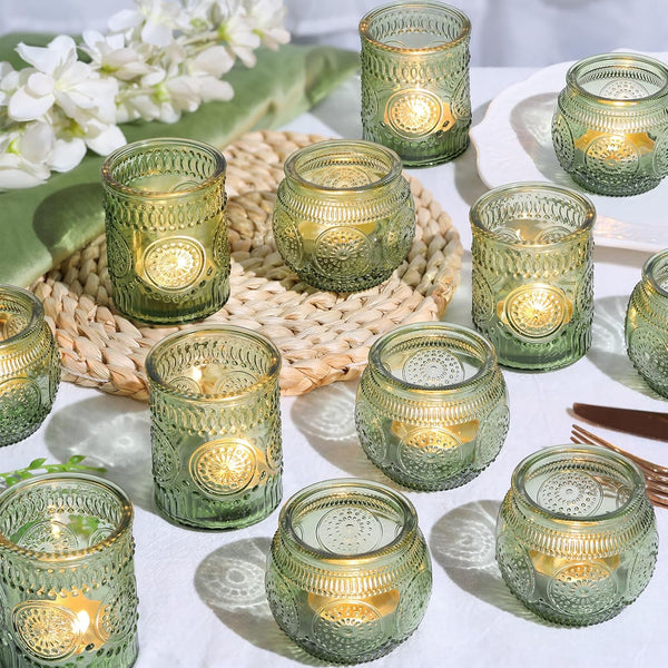 12pcs Assorted Green Votive Candle Holders for Wedding Table Decorations, Glass Tea
