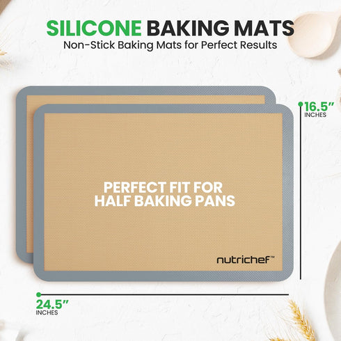 Nutrichef Silicone Baking Mats - 2 Non-stick Food-Grade Silicone Mats - Perfect for Full Baking Pans 24.4 x 16.5 IN - Oven-safe Up to 480 Degrees F - Suitable for Ovens, Freezers, & Dishwashers - Grey by NutriChef