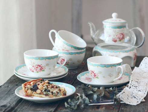 Sets Set 03) Jusalpha Fine China Tea Vintage Rose Flower Series Coffee Cup-Teacup Saucer Spoon with Teapot Warmer