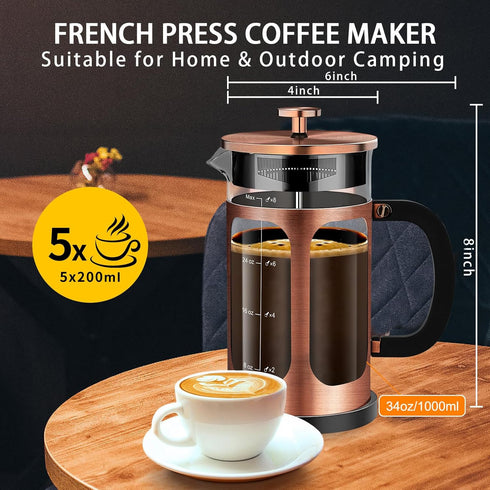 French Press Coffee Maker (34oz 1Quart 5-6Cup), with 4 Filters System, Borosilicate Glass, Cold Brew Coffee Tea Pot