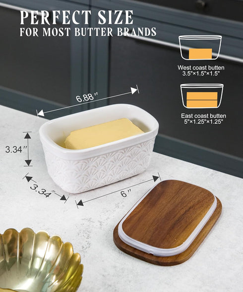 Countertop, Nucookery Ceramic Butter Dish, Embossed Butter Keeper with Wood Lid for Butter Holder and Container