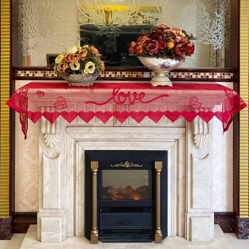 Red Heart Mantle Scarf for Fireplace Decorations - Lace Mantel Cover Runner for Home Living Room, Romantic Indoor Decor