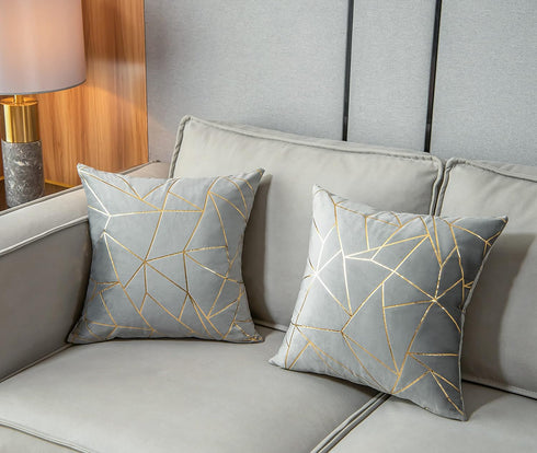 YONGLIU Pack of 2 Velvet Cushion Cases, Decorative Gold Foil Geometric Pattern Throw Pillow Covers (Gray and Gold)