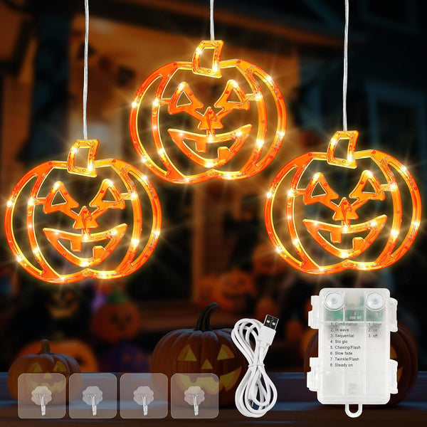 Halloween Window Lights,3 Pack 48LED Pumpkin String Light with Battery Operated,Timer Memory