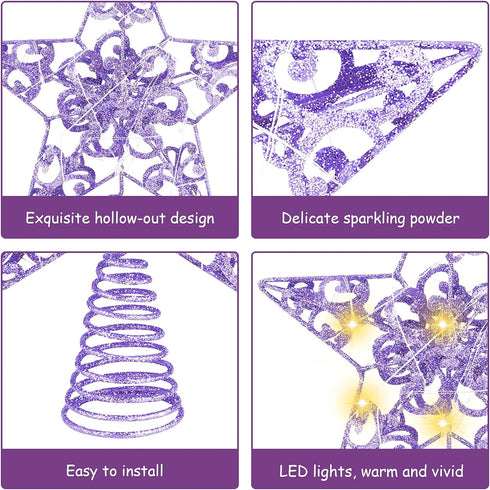 MCEAST Glittered Christmas Tree Topper, 10 Inches LED Light Up Star Treetop for Indoor Outdoor Decoration, Purple