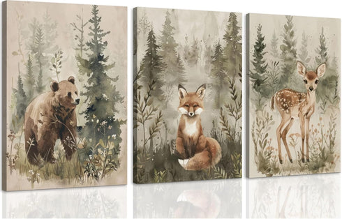 ICHZUMW Woodland Animals Nursery Wall Decor, Nursery Wall Art, Watercolor Bear Fox Deer