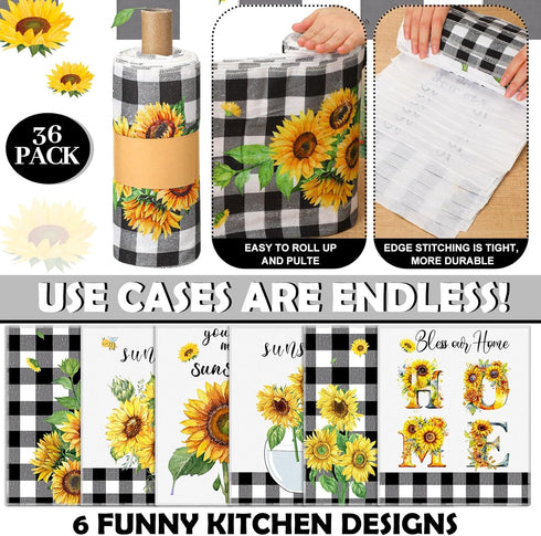 Mindsoft 36 Pcs Spring Sunflower Reusable Paper Towels Rolls Sunshine Washable Bulk Spring Kitchen Towels Paperless