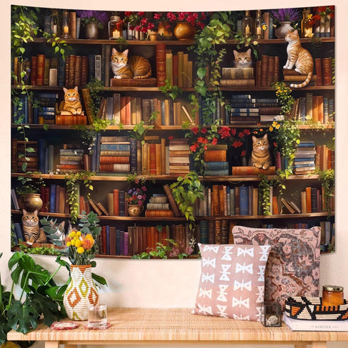 Accnicc 60 44 inch Plant Cat Bookshelf Tapestry Botanical Floral Flower Cats Book Tapestries Wall Hanging Vintage
