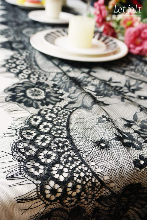 Letjolt Black Lace Table Runner - 14 x 120 Inches Embroidered Doilies for Vintage Boho Wedding & Party Supplies