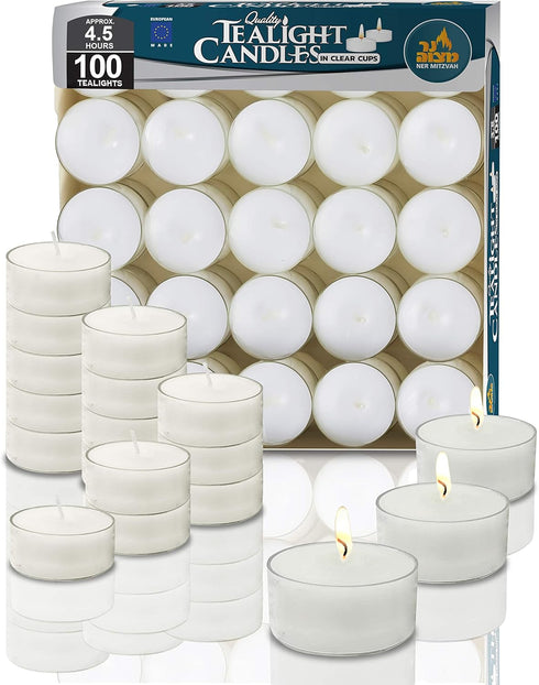 Ner Mitzvah Tea Light Candles, 100 Bulk Pack, White Unscented Tealight Candles in Clear Cup
