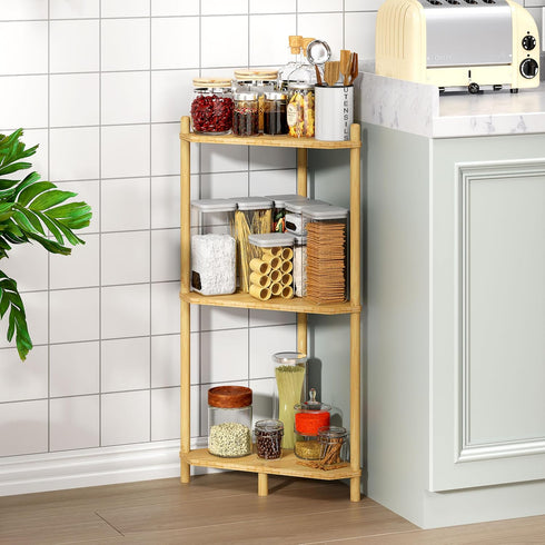 Wisuce Essentials 3 (Natural3 Corner Shelf Stand - Tier Bamboo Small Corner Bookshelf for Office Kitchen Bedroom Plant