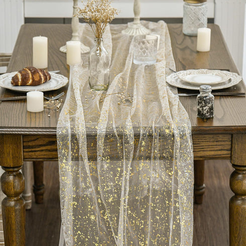 120 Inch 10FT, Artoid Mode Beige Gold Gauze Table Runner Glitter Metallic Foil Sheer Dining Wedding Anniversary Holiday