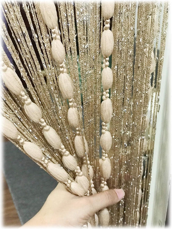 Door String Curtain Flat Silver Ribbon Thread with Shaggy Tassel Room Divider, 39’’x79’’, (Gold-style2)