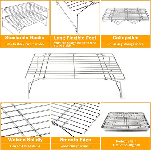 TeamFar 4-Tier Stainless Steel Cooling Rack, 15”x10” for Baking Roasting, Heavy Duty, Dishwasher Safe, Stackable &