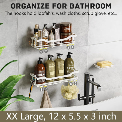 OMAIRA Shower Caddy 3-Pack, Rustproof Adhesive Organizer with Soap Holder, No Drilling Shower Shelves, White