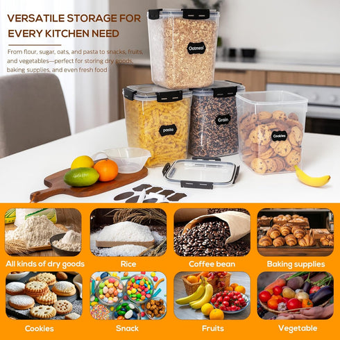 5.3L/179Oz, 4pcs Large Thicker Food Storage Containers with Lids Airtight Plastic Pantry Storage Container for Dry