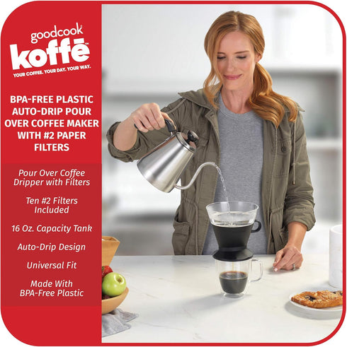 Goodcook Koffe BPA-Free Plastic Auto-Drip Pour Over Coffee Maker with #2 Paper Filters,Black