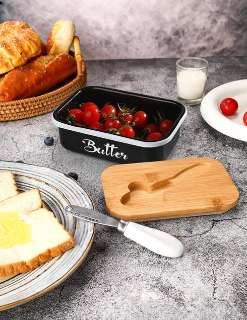 AISBUGUR Metal Butter Dish with Lid, Large Black Butter Keeper with Stainless Steel Knife, Kitchen Gift