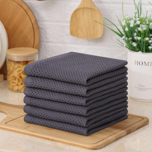 Kitinjoy 100% Cotton Kitchen Dish Cloths, 6 Pack Waffle Weave Ultra Soft Quick Drying Towels, Dark Grey