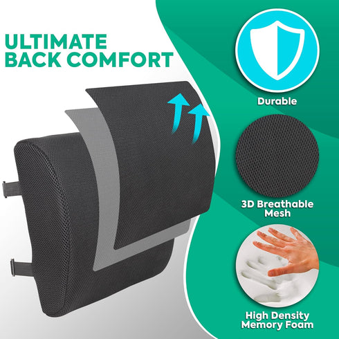 Dromere Lumbar Support Pillow for Office Chair, Ergonomic Memory Foam Back Cushion with Adjustable Straps