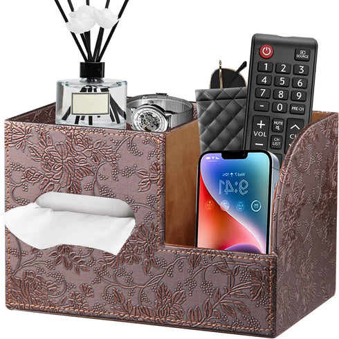 Leather Square Tissue Box Cover with Storage Tray,Cube Tissue Box Holder,Modern Facial