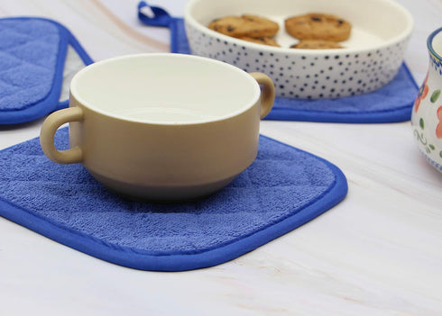 Cotton Pot Holders, Machine Washable Heat Resistant Everyday Kitchen Basic Terry Pot Holder Set of 4 (Dark Blue)