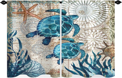 Nautical Blue Sea Turtles Beach Short Kitchen Window Curtains Set of 2 Panels 27.5 W x 39 L Inches