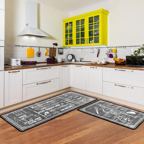 Grey Kitchen Rugs, Non-Skid Washable Microfiber Mats, Kitchen Rules Theme Decor Sets of 2