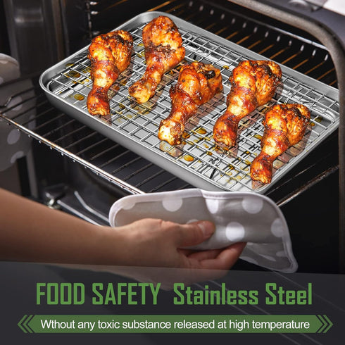 Joyfair 10.4 Inch Baking Pan with Rack Set, Stainless Steel Rectangular Toaster Oven Cookie Pan with Cooling Rack